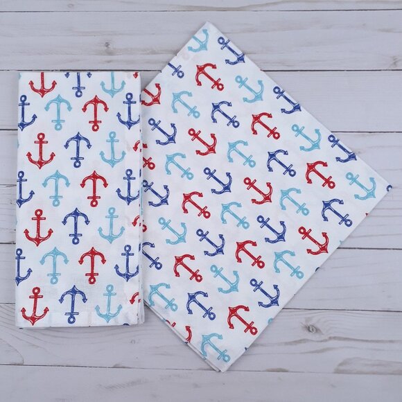 Fabric Dinner Napkins Nautical Anchors 20x20 Set of 4 Blue Red - Picture 1 of 2